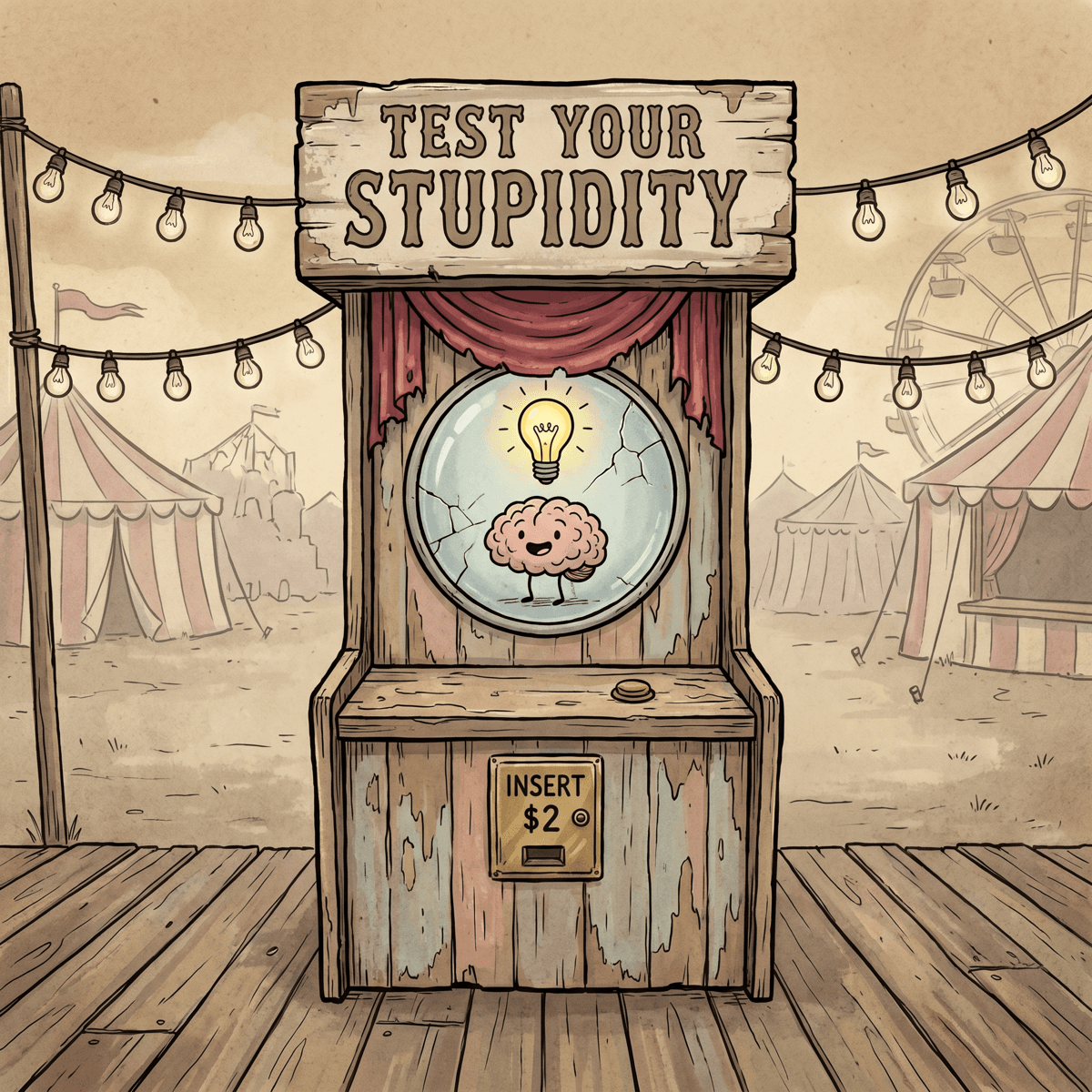 Hand-drawn vending machine illustration: TEST YOUR STUPIDITY, with a coin slot labelled INSERT $2 and a smiling brain in the display.
